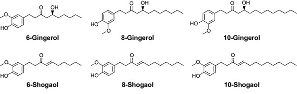 The chemical structures of 6-, 8- and 10-gingerol and 6-, 8- and 10-shogaol.