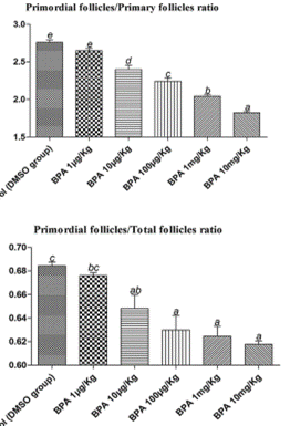 This is a figure taken from the paper by Hu et al., 2018  which presents changes in the ratios of different types of follicles associated with BPA treatment.
