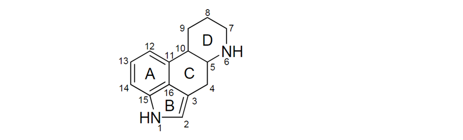 Chemical structure of a numbered Ergoline ring system. 