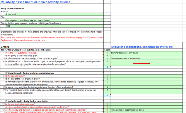 A screenshot of the ToxRTool. The image shows a form with multiple sections and lines of text and highlighted sections in green. Text varies in colour black, red and blue. 