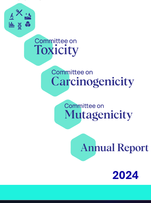 COT Annual Report Front Cover. The report cover page shows the names of the 3 committees, and the year. Text and pictograms are shown in black and blue colour, with bright blue solid hexagonal shapes. 