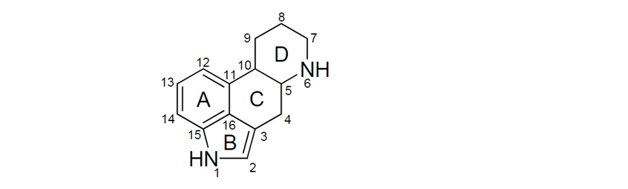 Chemical structure of a numbered Ergoline ring syste