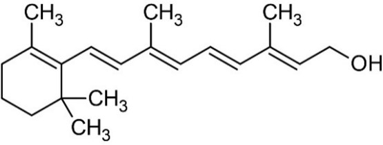 Retinol.: a methylated heterocyclic ring with a single double bond with a 9-carbon side chain with alternating double bonds and 2 methyl groups, ending in a hydroxyl group. Chemically 3,7-dimethyl-9-(2,6,6-trimethylcyclohexen-1-yl)2,4,6,8-nonatetraen-1-ol